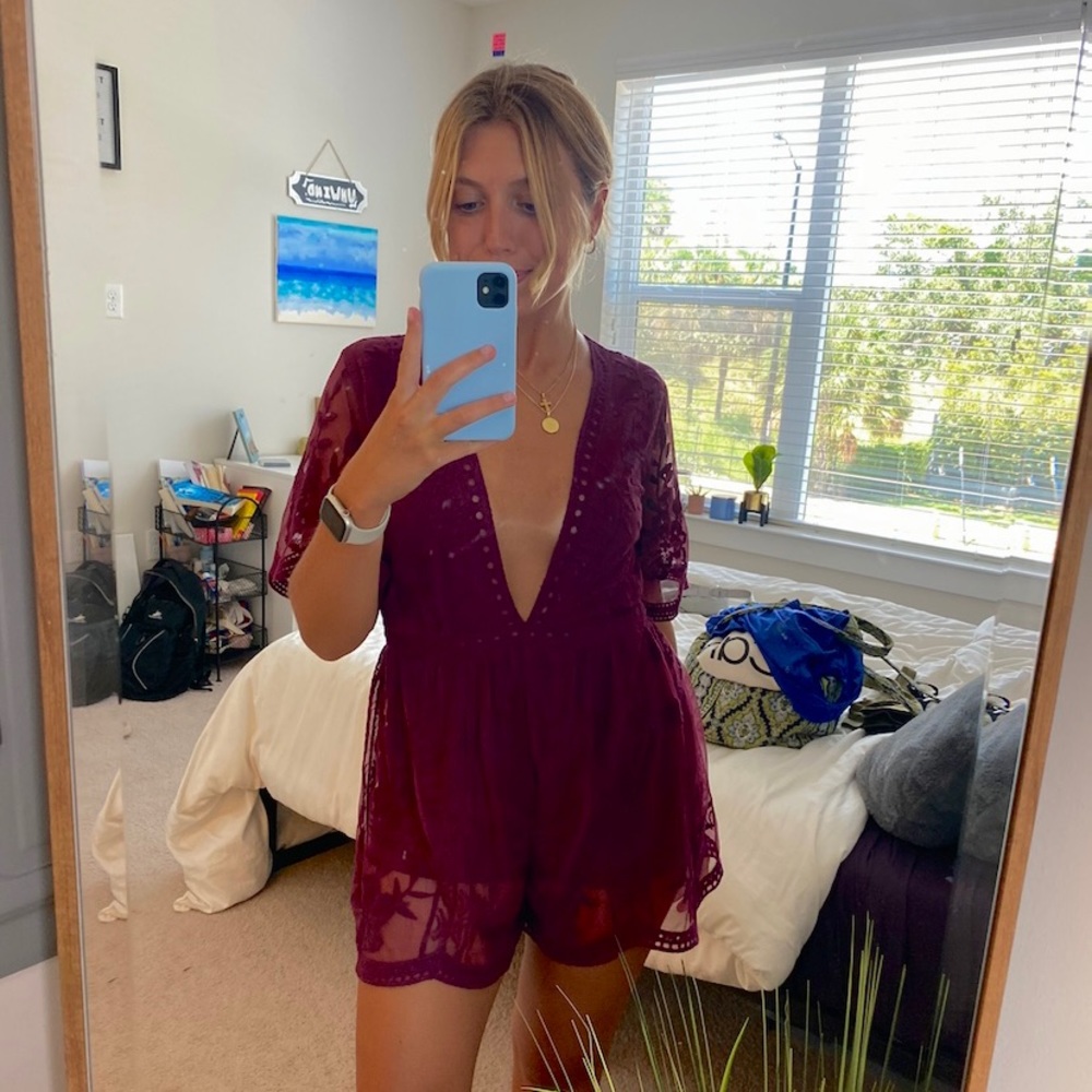 bright maroon lace romper